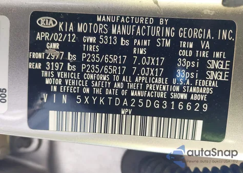 2013 Kia Sorento Lx V6 z USA, uszkodzony, nr VIN 5XYKTDA25DG316629